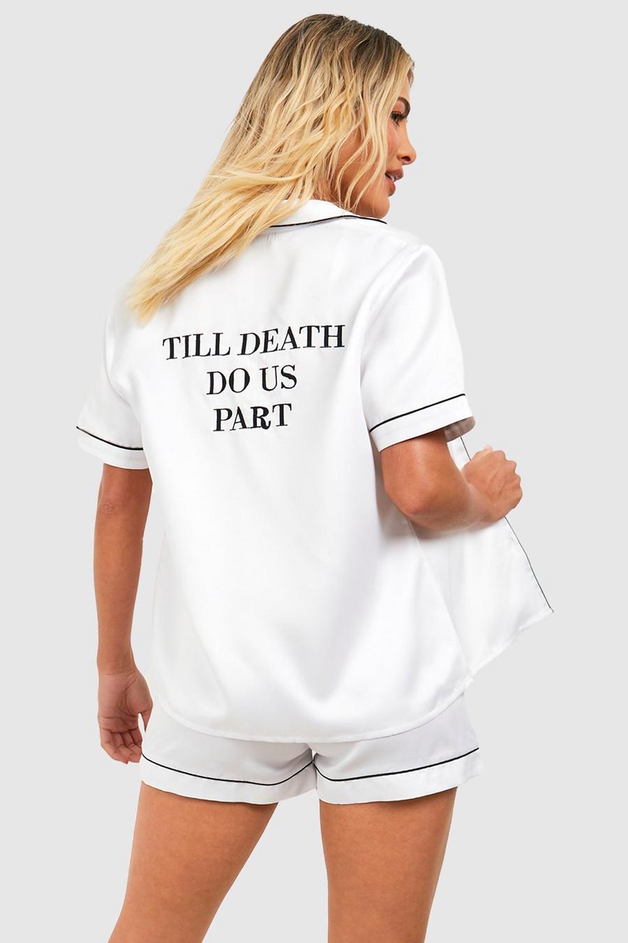 White Till Death Do Us Part Bridal Satin Pajama Short Set image number 1