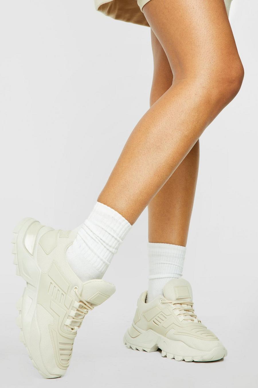 Beige Cleated Sole Panelled Detail Chunky Sneakers