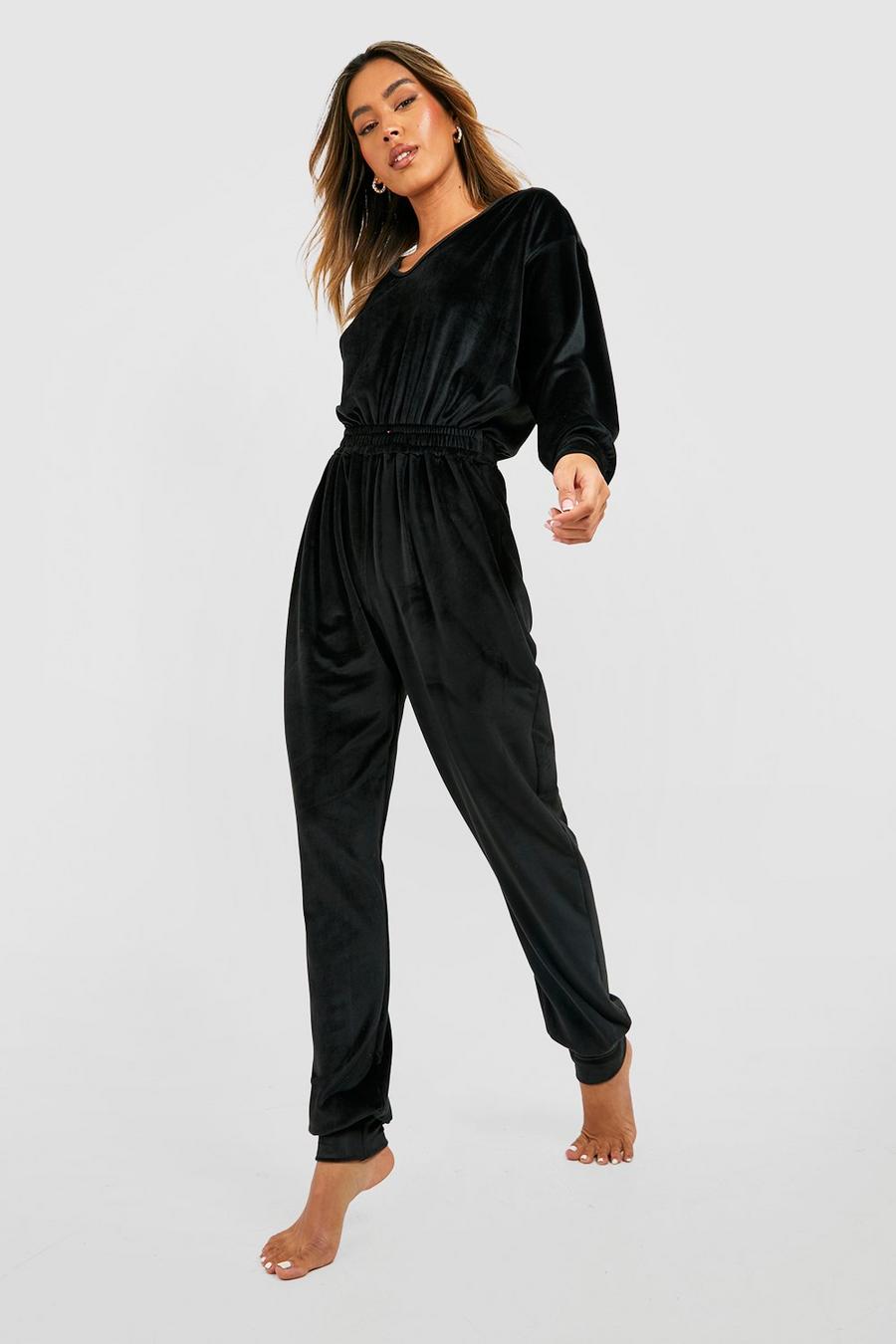 Velour Loungewear-Jumpsuit, Black image number 1