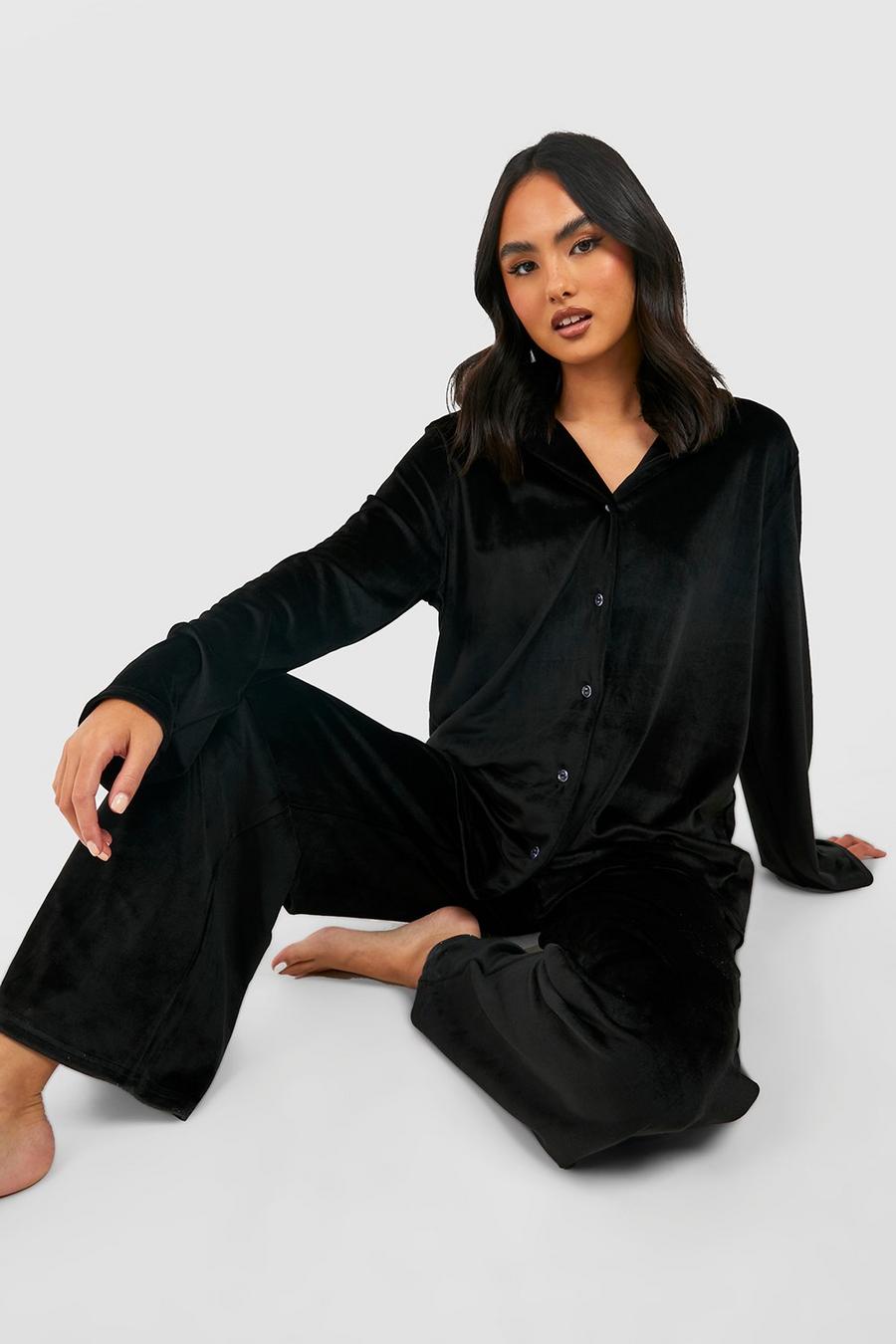 Loungewear-Set aus Velour-Hemd und Hose, Black image number 1