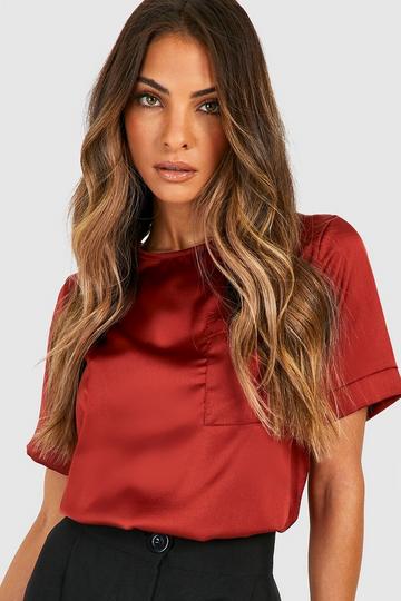 Basic Satin Pocket Detail Blouse terracotta