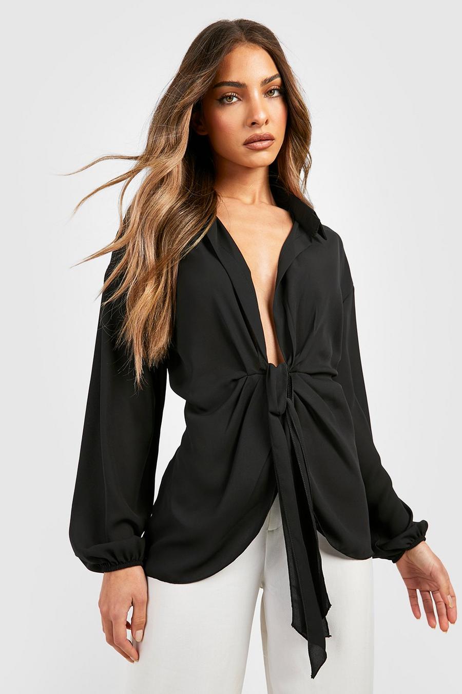 Black Woven Knot Side Puff Sleeve Shirt image number 1