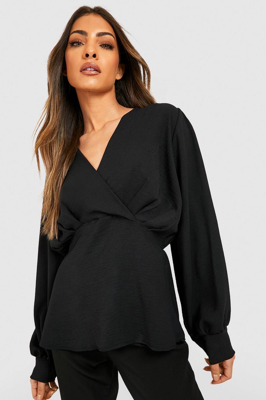 Black Hammered Pleat Front Puff Sleeve Blouse image number 1