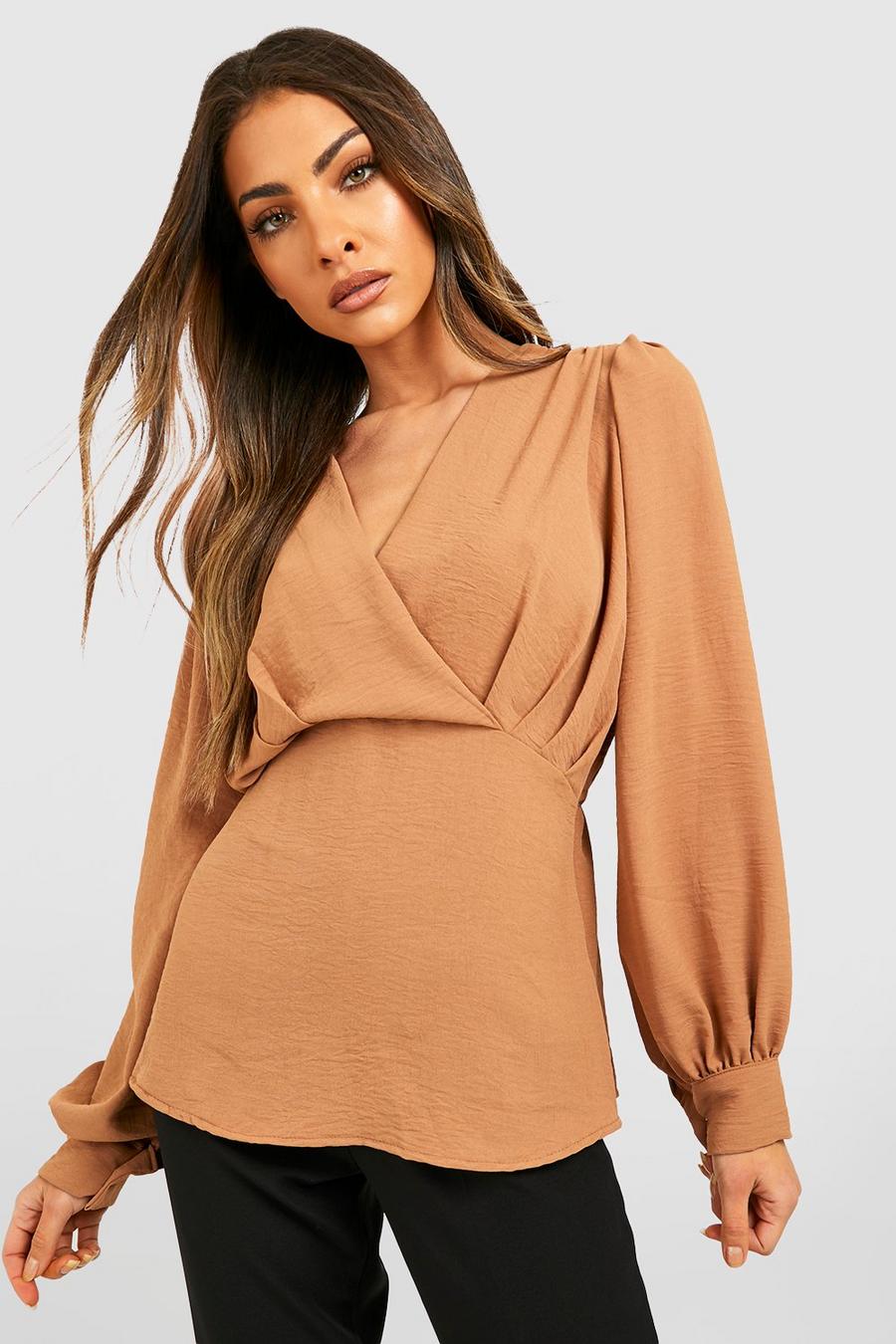 Camel Hammered Pleat Front Puff Sleeve Blouse image number 1