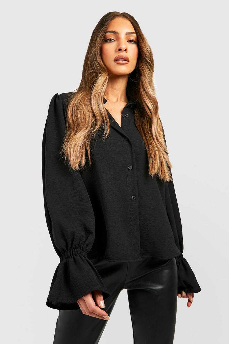 Black Hammered Ruffle Puff Sleeve Blouse image number 1