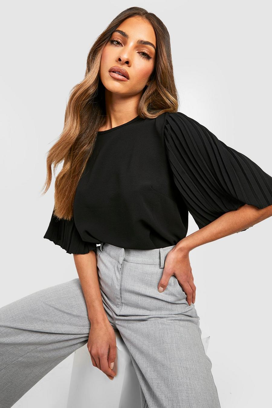 Black Pleat Sleeve Woven Blouse image number 1