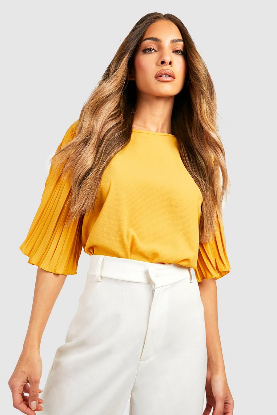 Blusa de tela con mangas plisadas, Ochre yellow