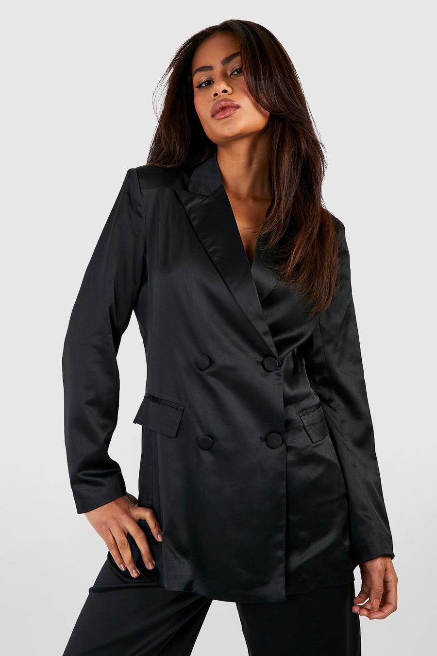 Black Satin Double Breasted Tailored Blazer image number 1