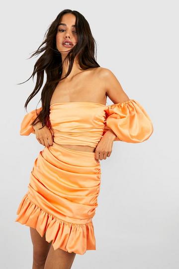 Satin Ruched Pep Hem Mini Skirt peach