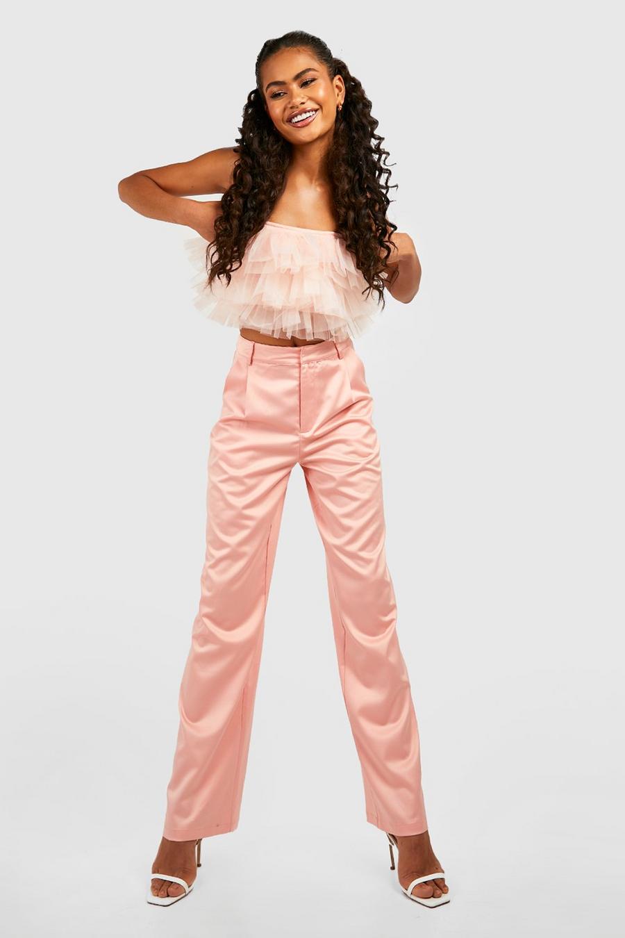 Nude Satin Wide Leg Tailored Trousers image number 1