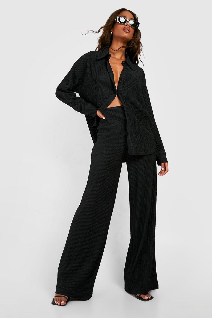 Black Crinkle Relaxed Fit Wide Leg Pants image number 1