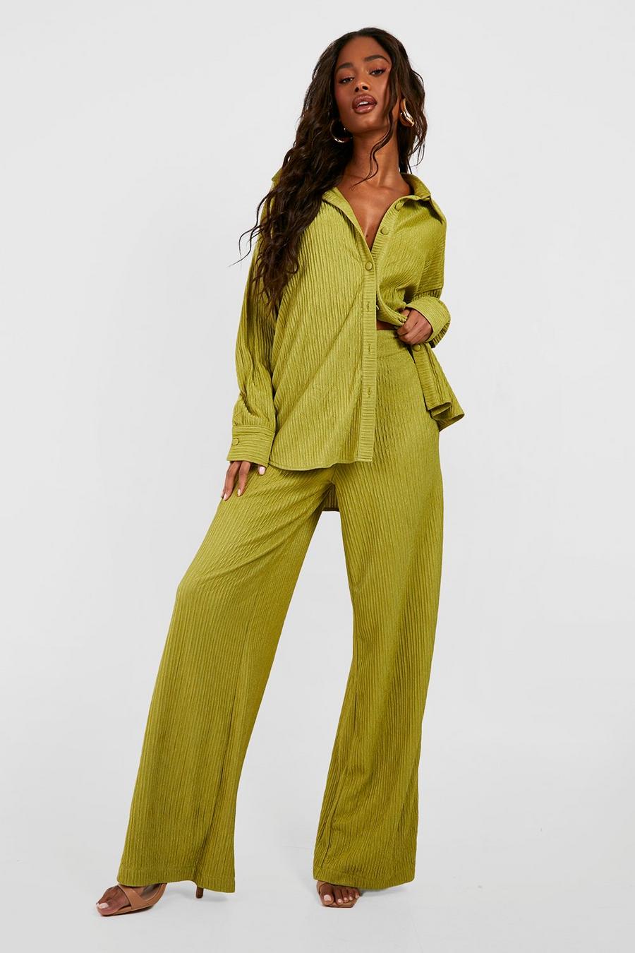 Khaki Crinkle Relaxed Fit Wide Leg Trousers