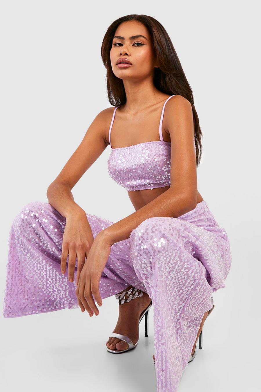 Lilac Sequin Wide Leg Floor Sweeping Pants image number 1