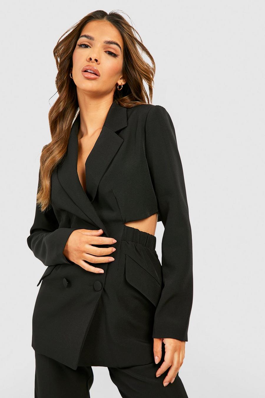 Black Cut Waist Open Back Fitted Tailored Blazer image number 1