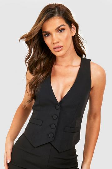 Fitted Plunge Front Tailored Vest black