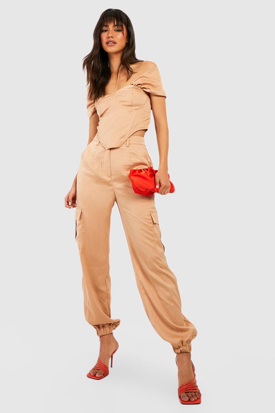 Camel Satin Luxe Cargo Pants image number 1