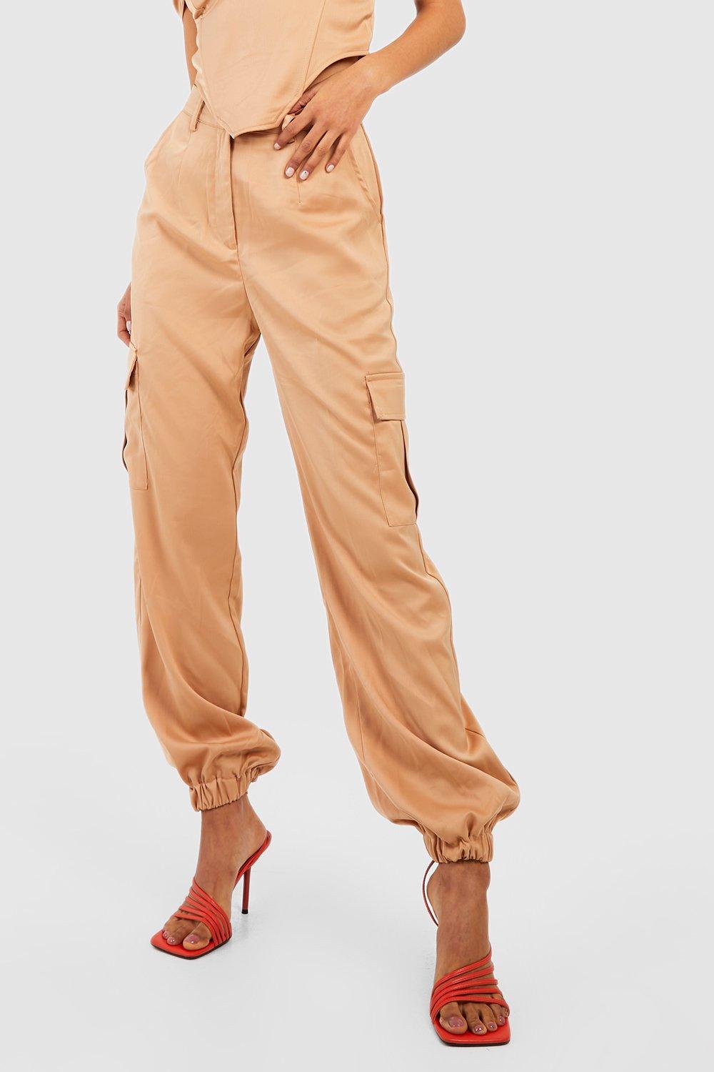 Pantalones Cargo Beige para mujer, pantalón de satén de cintura