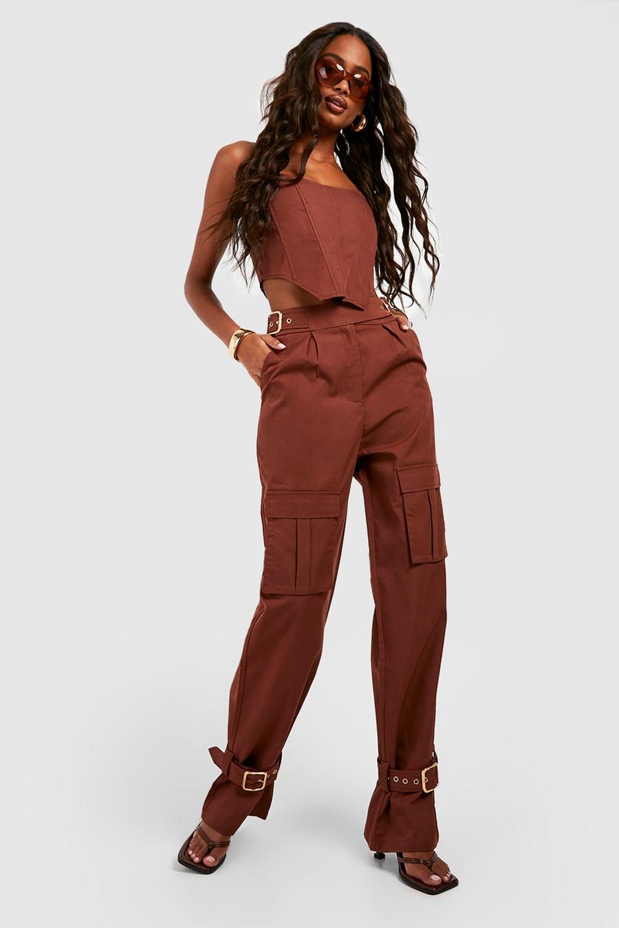 Chocolate Buckle Detail Tie Ankle Cargo Pants 