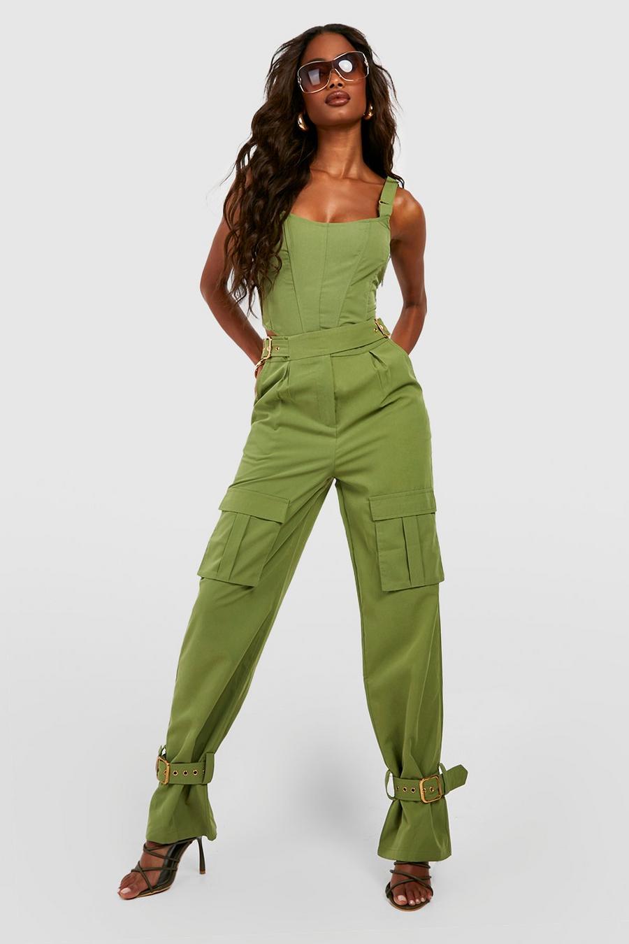 Khaki Buckle Detail Tie Ankle Cargo Pants  image number 1