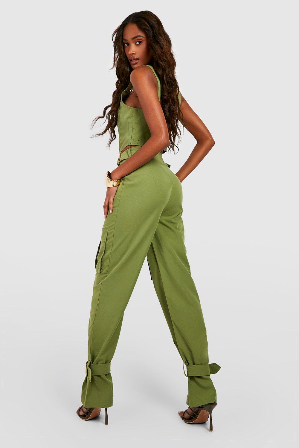 Tall Khaki Buckle Detail Cargo Wide Leg Pants