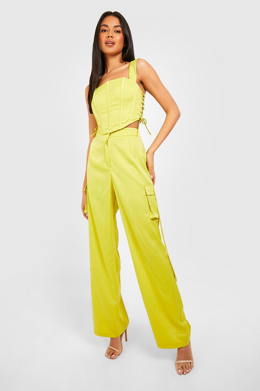 Chartreuse yellow Textured Satin Luxe Cargo Pants