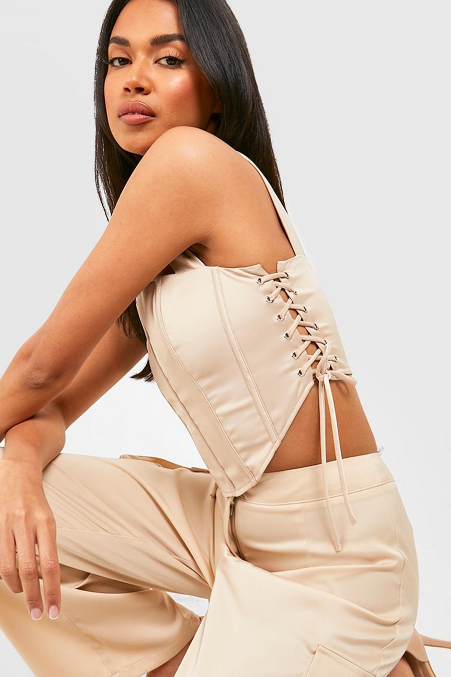 Oyster white Textured Satin Boned Lace Up Corset