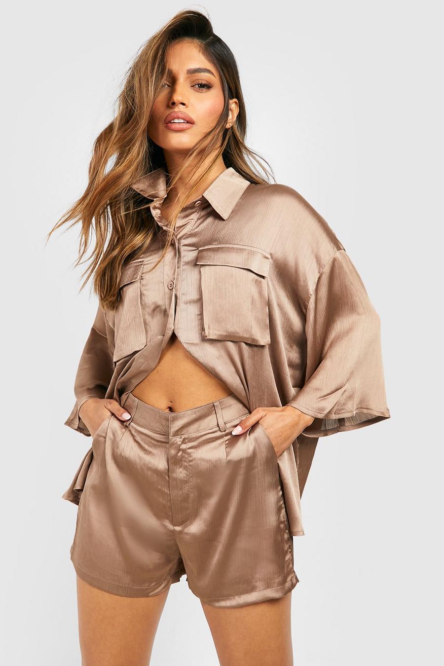 Taupe beige Textured Satin Tailored Shorts