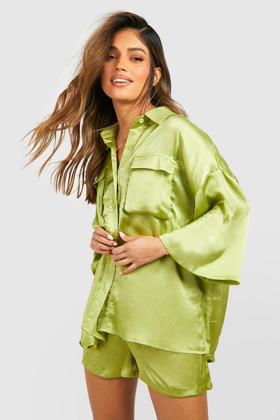 Olive Textured Satin Pocket Detail Relaxed Fit Shirt image number 1
