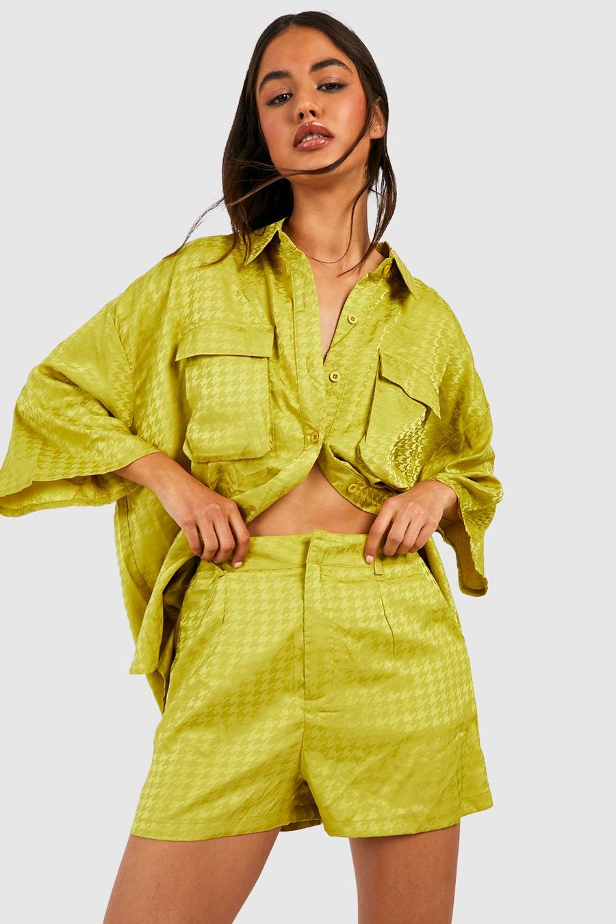 Chartreuse Dogtooth Satin Tailored Shorts image number 1