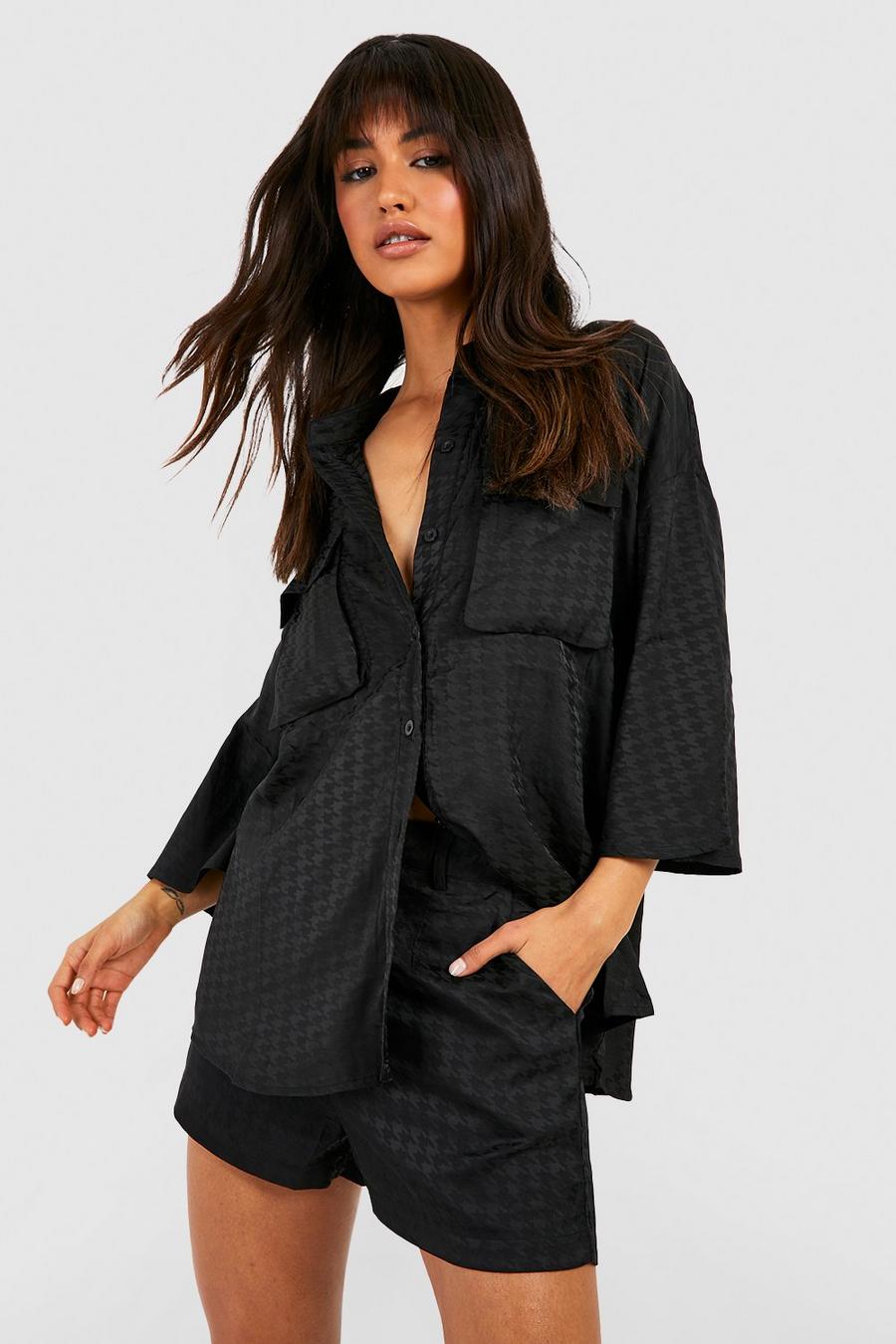 Black Dogtooth Satin Pocket Detail Relaxed Fit Shirt image number 1