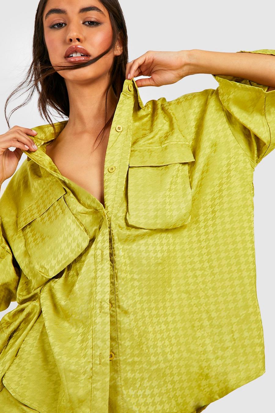 Chartreuse Dogtooth Satin Pocket Detail Relaxed Fit Shirt image number 1