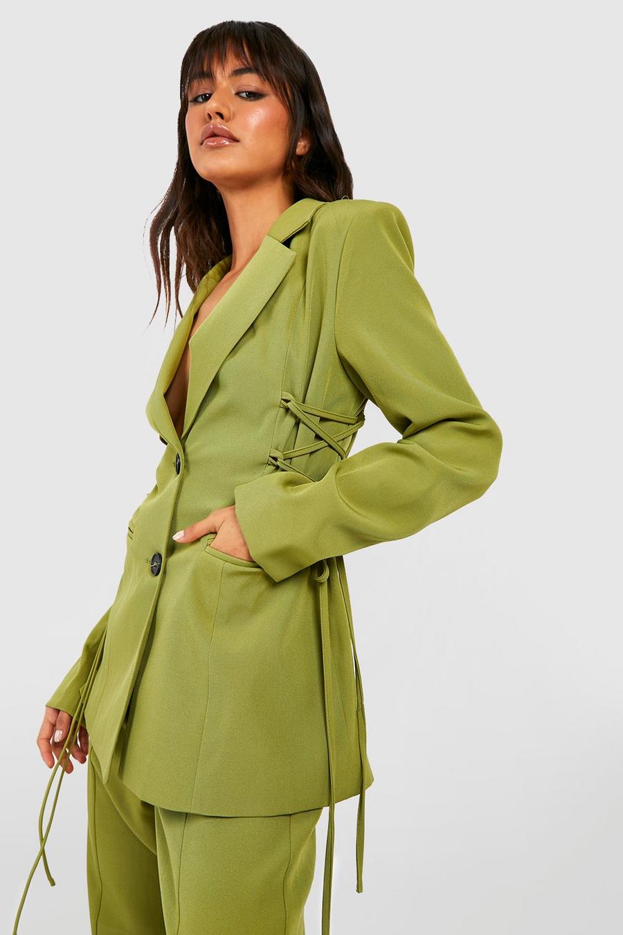 Khaki Lace Up Detail Tailored Fitted Blazer