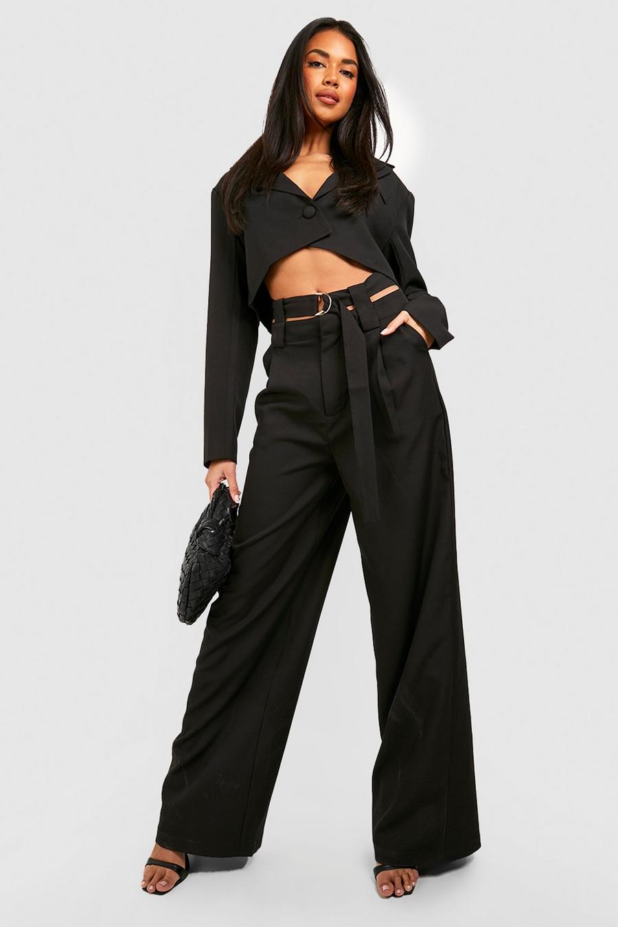 Black Double Waistband Belted Wide Leg Dress Pants image number 1