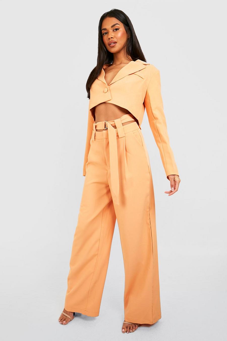 Pantalón entallado de pernera ancha con cinturón y cintura doble, Pale orange image number 1