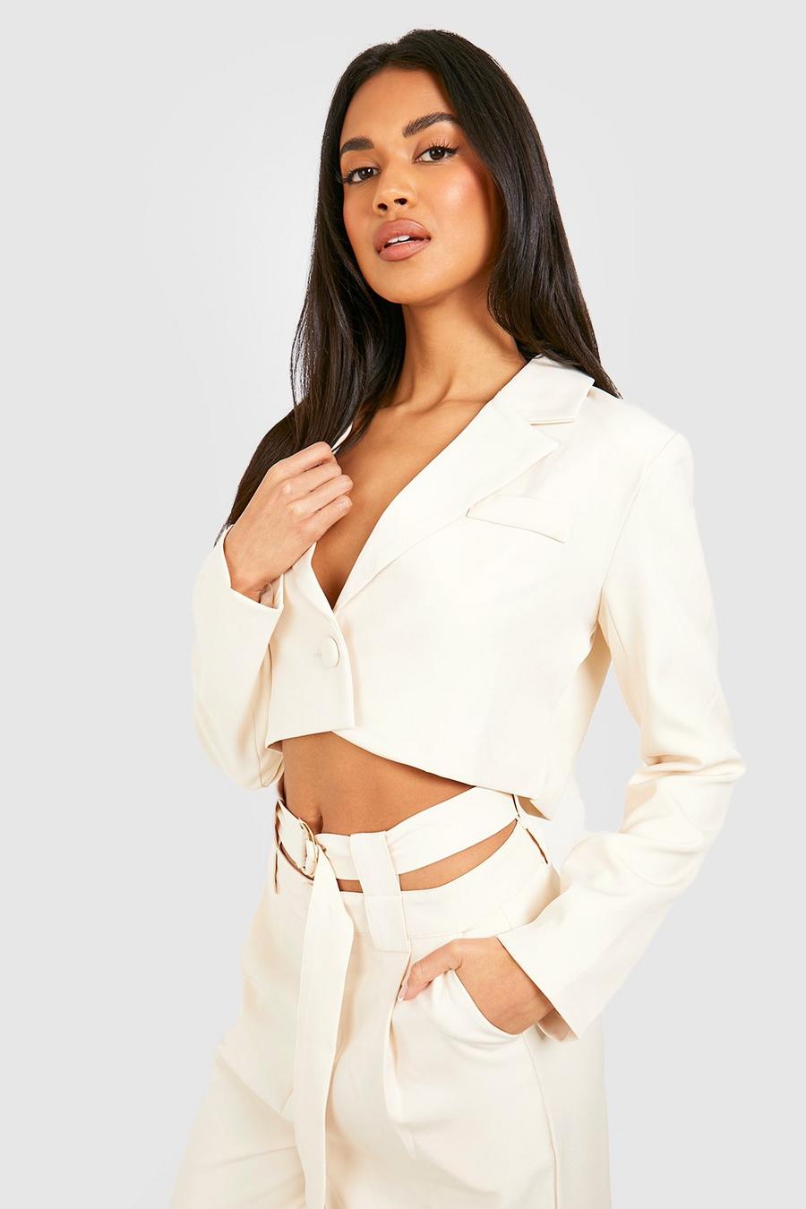 Ecru Cropped Relaxed Fit Tailored Blazer image number 1