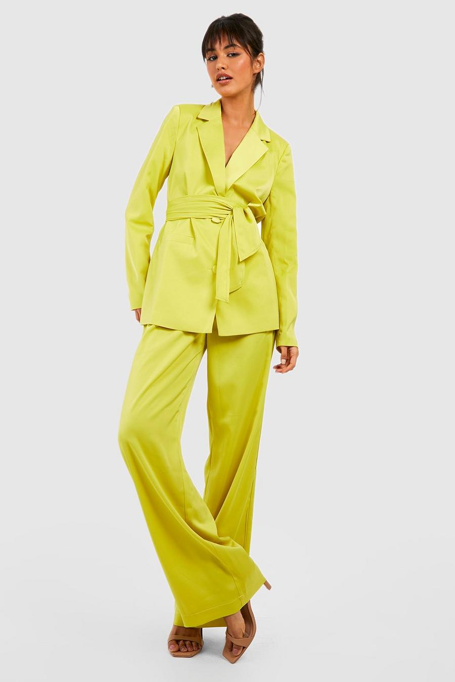 Chartreuse yellow Satin Pleat Front Straight Leg Trousers