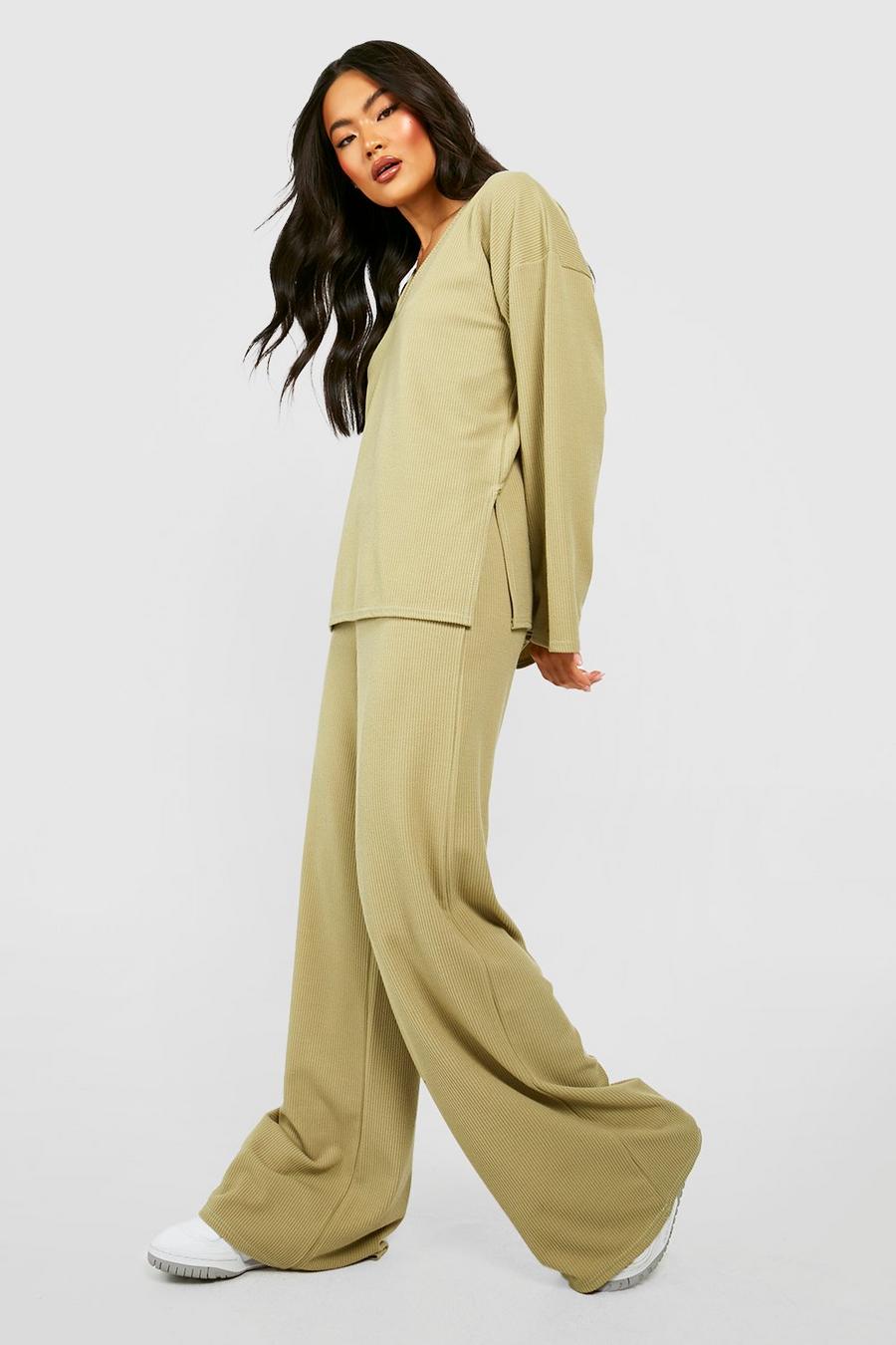 Sage green Ribbed Wide Leg Trousers
