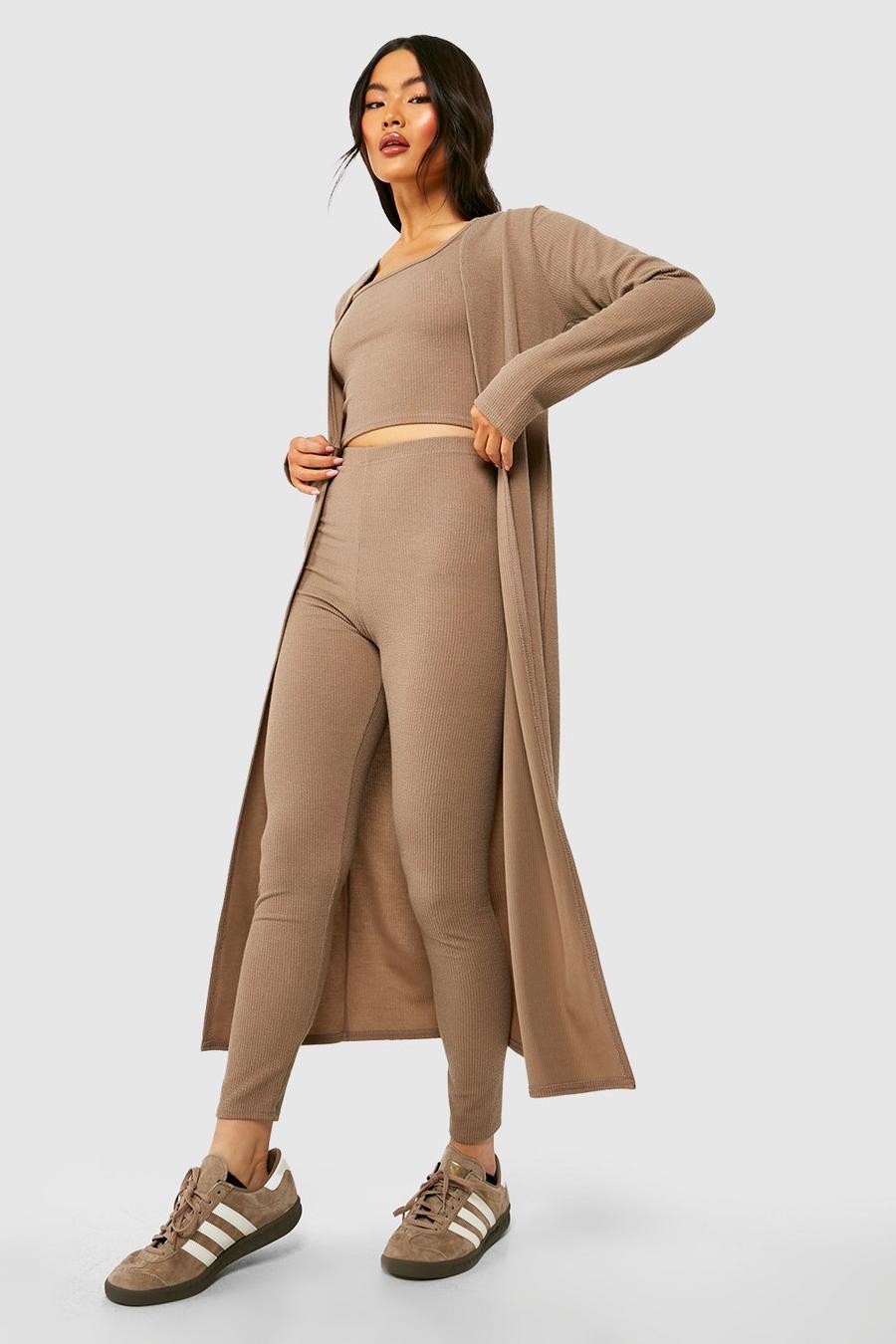 Taupe Ribbed High Waisted Leggings image number 1