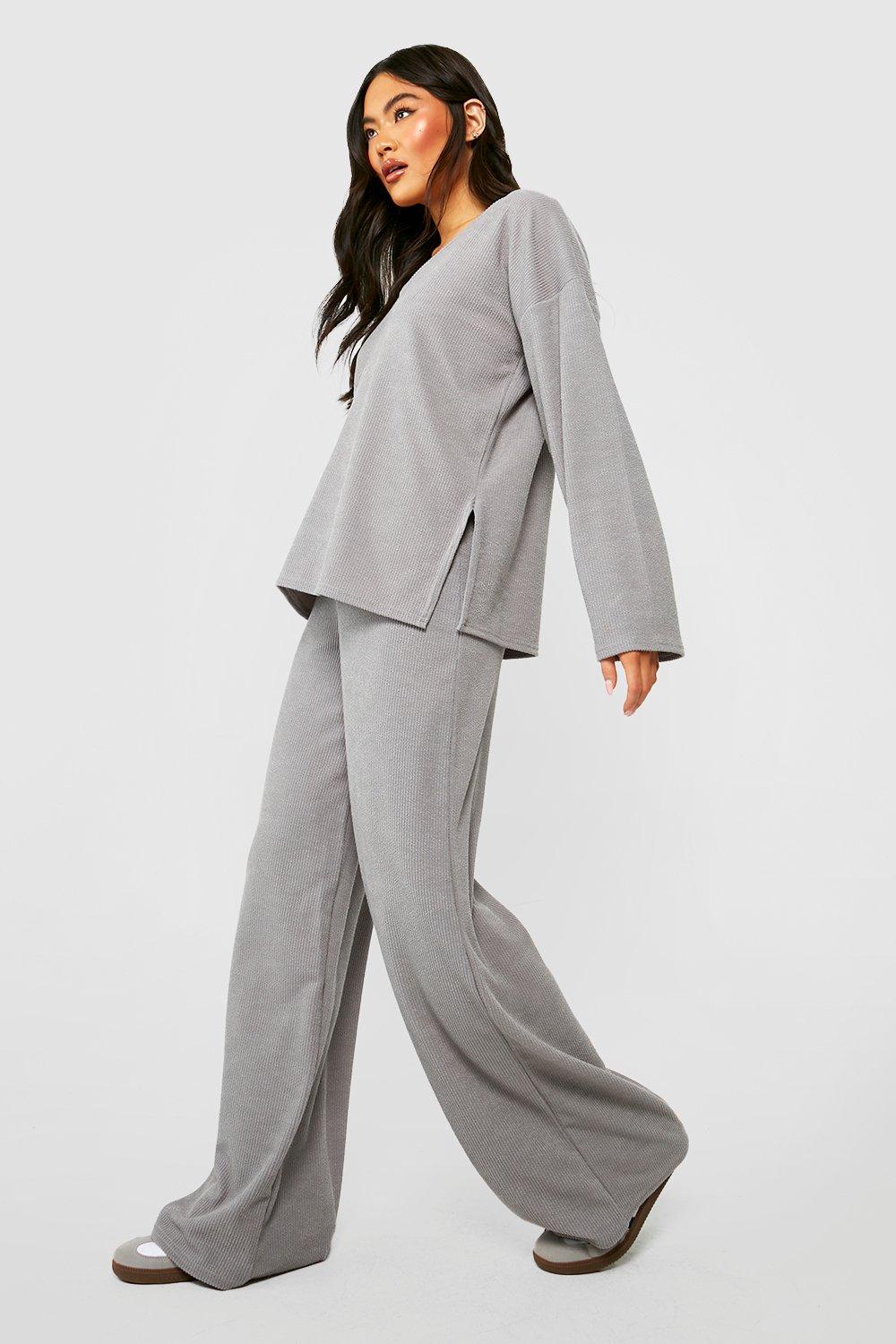 Grey ribbed wide cheap leg trousers