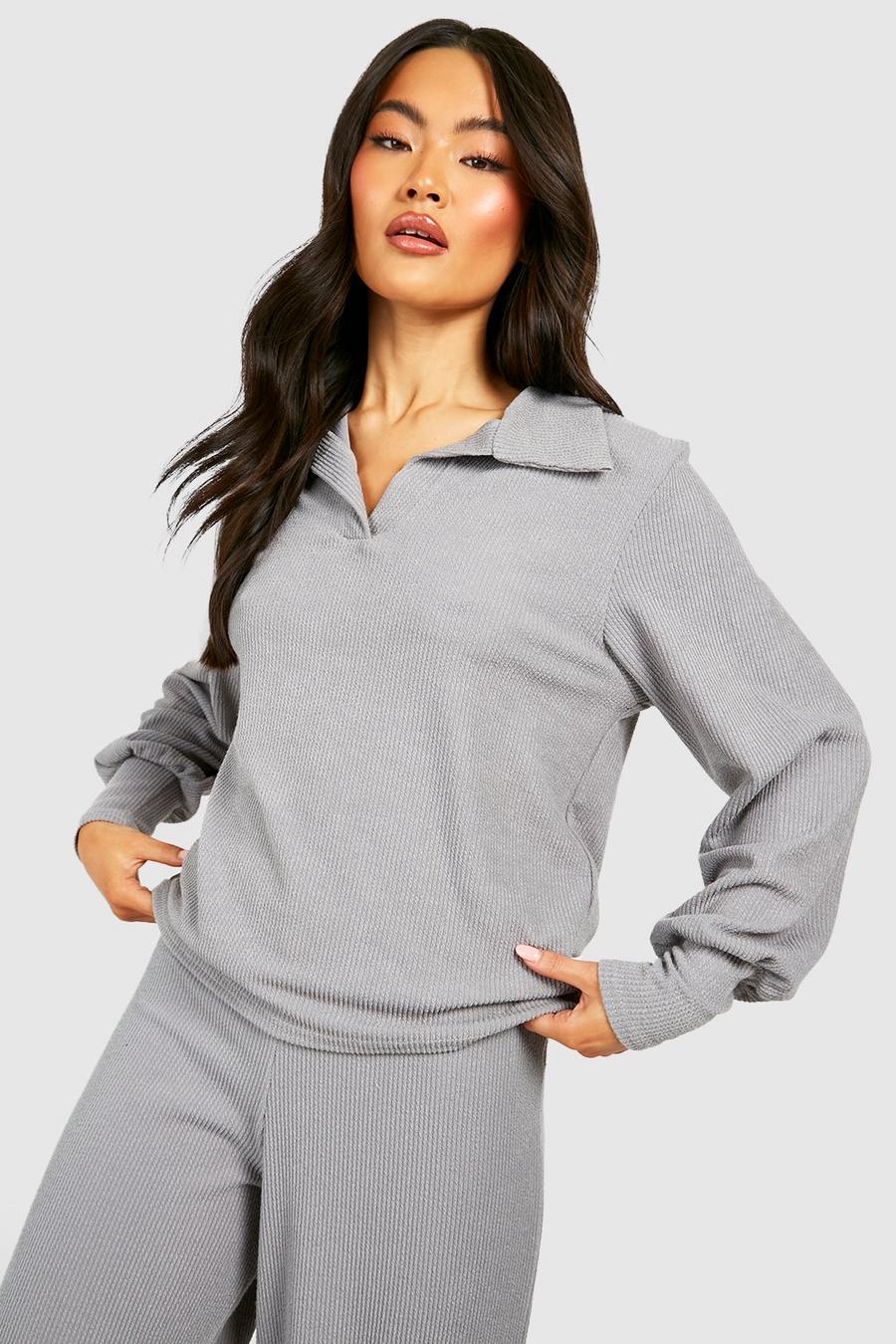 Dove Ribbed Oversized Slouchy V Neck Top image number 1