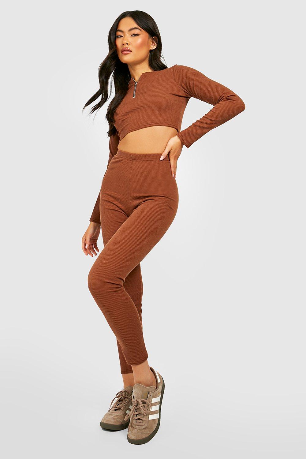 Buy Boohoo Basic High Waisted Rib Leggings In Brown