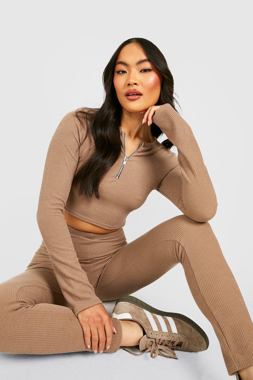 Buy Boohoo Ribbed High Waist Leggings In Taupe