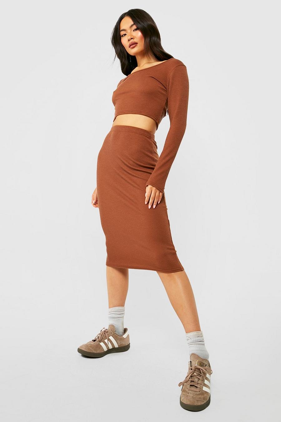 Chocolate brown Ribbed Bodycon Midi Skirt 