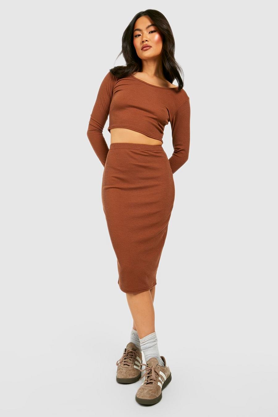 Chocolate Ribbed Scoop Neck Cropped Top image number 1