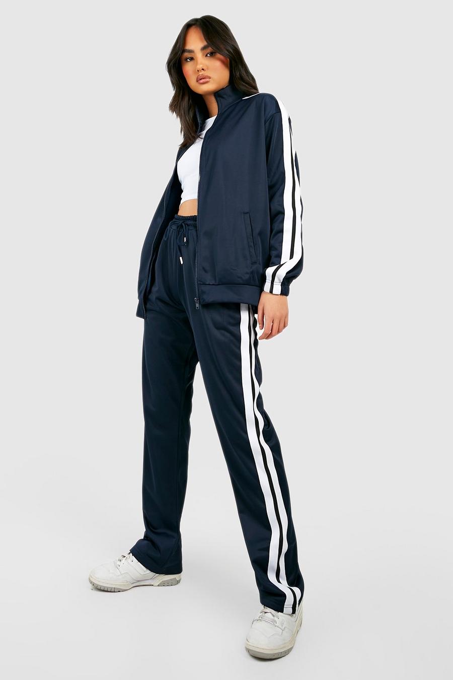 Navy Tricot Side Stripe Zip Through Straight Leg Tracksuit  image number 1