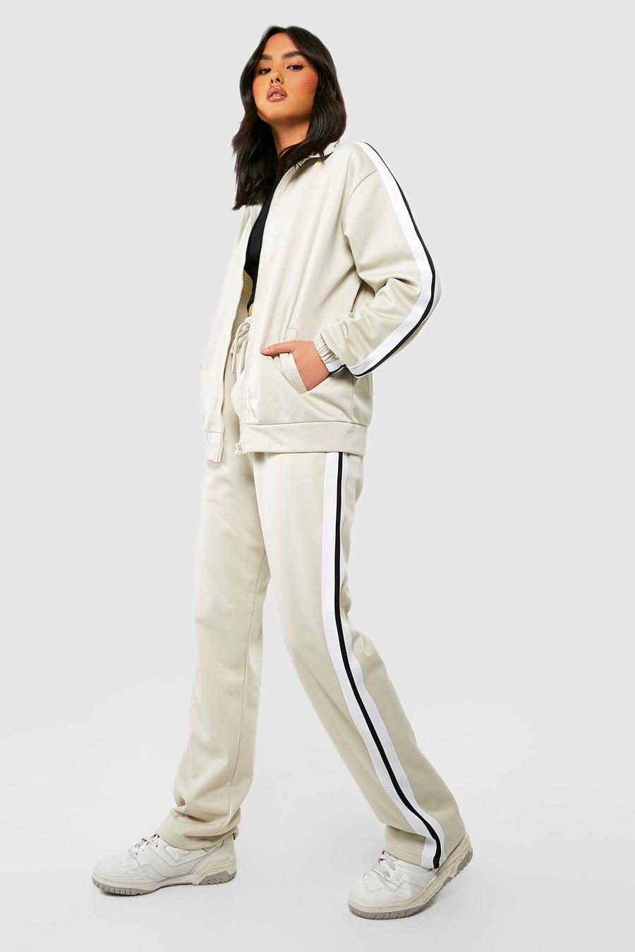 Stone Tricot Side Stripe Zip Through Straight Leg Tracksuit  image number 1