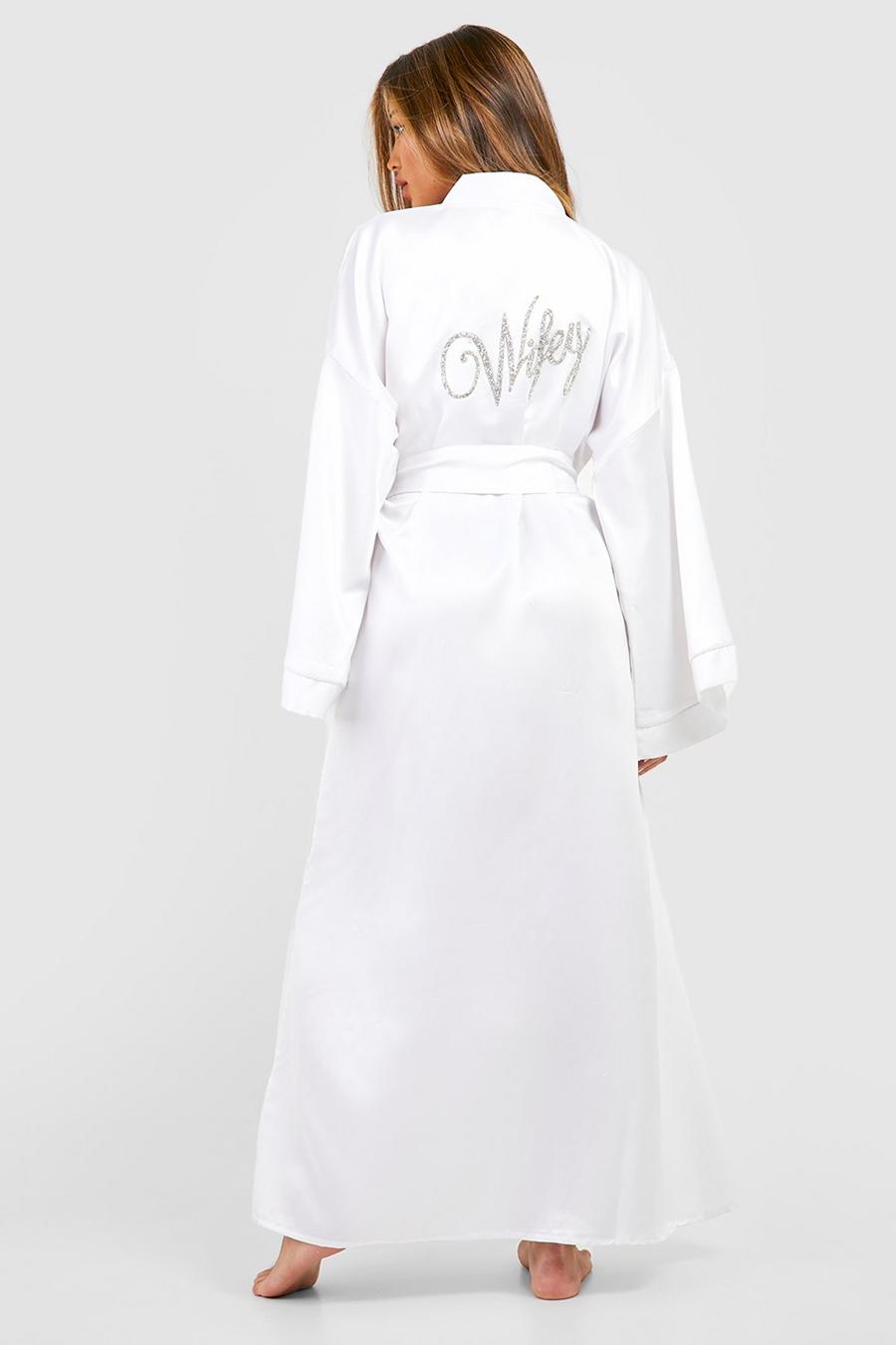 White Wifey Embellished Satin Maxi Robe