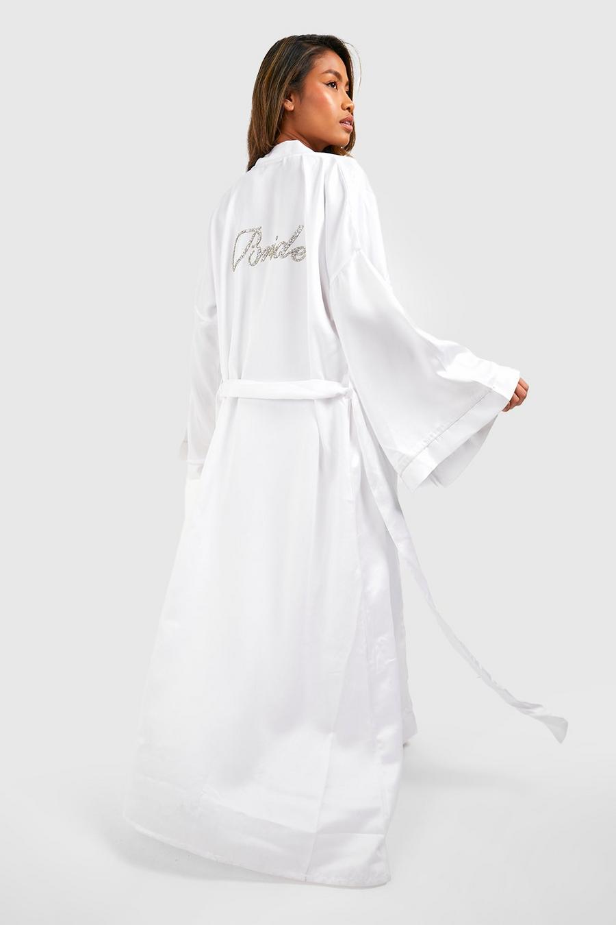 White Bride Lång morgonrock i satin med strass image number 1