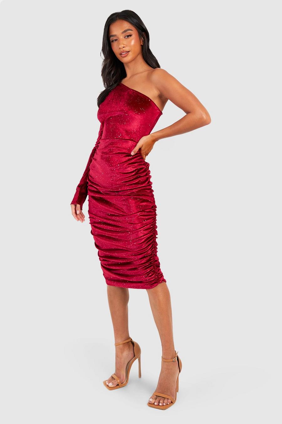 Berry Petite One Shoulder Glitter Velvet Midi Dress image number 1