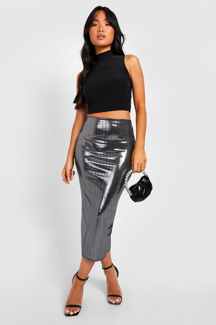 Silver Petite Metallic Midi Skirt image number 1